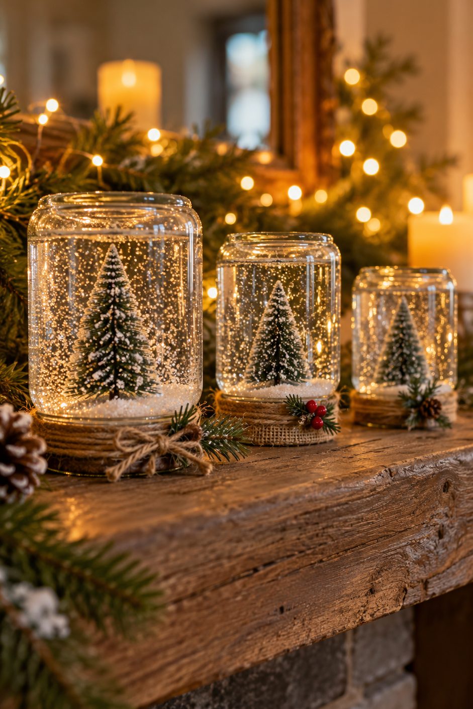 Boule à neige en bocal Trois bocaux en verre transformés en boules à neige avec un petit sapin et des paillettes