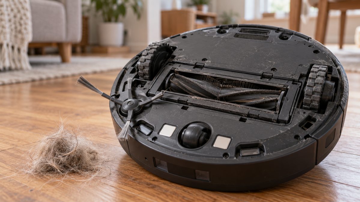 Brosse en caoutchouc d'un robot aspirateur Dessous d'un robot aspirateur avec rouleau en caoutchouc et brosse latérale