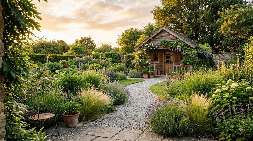 Cabane en bois au fond d'un jardin fleuri Petite cabane en bois au fond d'un jardin avec chemin en gravier et graminées