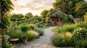 Petite cabane en bois au fond d'un jardin avec chemin en gravier et graminées