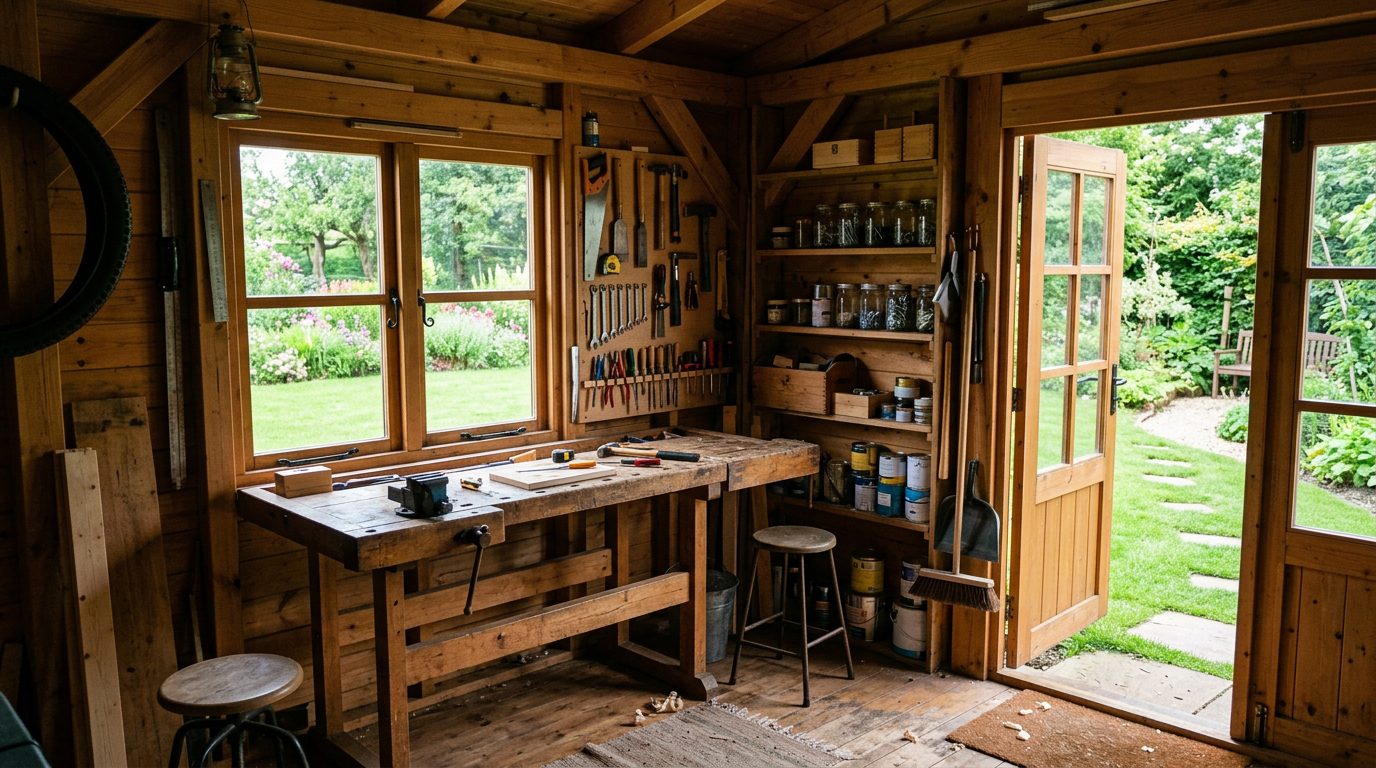 Atelier de bricolage dans une cabane de jardin Intérieur d'une cabane de jardin aménagée en atelier avec établi et outils au mur