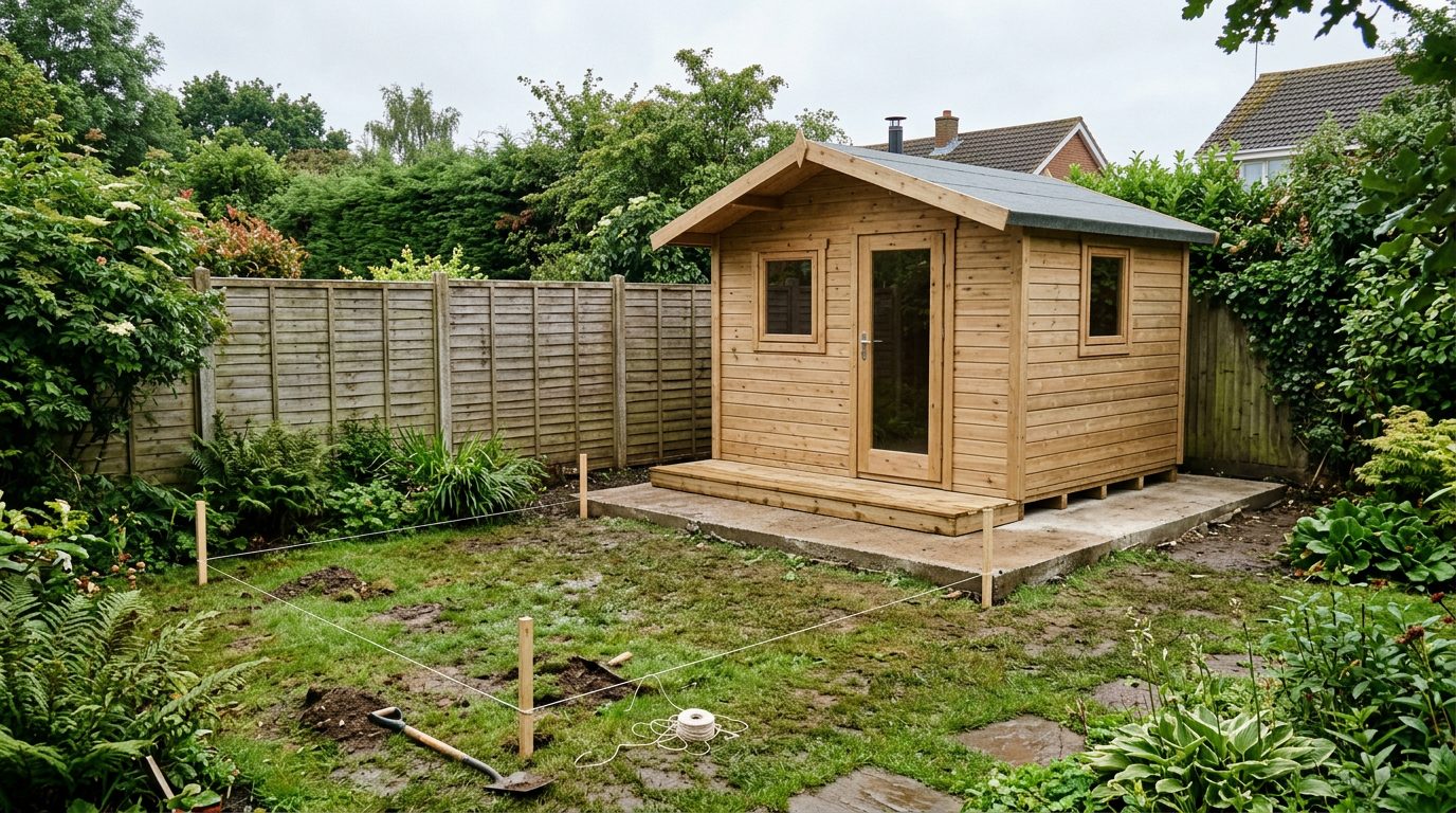 Implantation d'une cabane sur dalle en fond de jardin Cabane en bois posée sur une dalle béton au fond d'un jardin près de la clôture