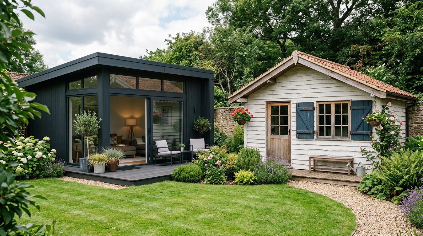Styles de cabanes de jardin contemporain et champêtre Deux cabanes de jardin, l'une contemporaine anthracite et l'autre champêtre blanche