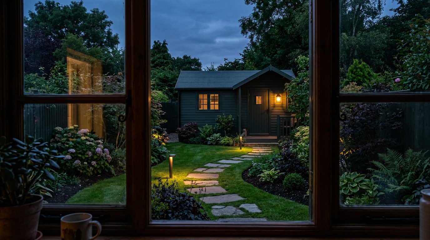 Cabane éclairée vue depuis la fenêtre de la cuisine Cabane verte au fond du jardin éclairée au crépuscule, vue depuis la maison
