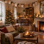Calendriers de l'avent faits maison dans un salon Salon décoré pour Noël avec plusieurs calendriers de l'avent faits maison au mur et sur la cheminée