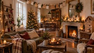 Salon décoré pour Noël avec plusieurs calendriers de l'avent faits maison au mur et sur la cheminée
