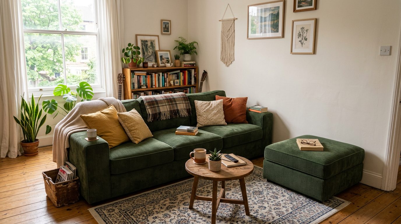 Modules de canapé réorganisés dans un petit salon Canapé modulable vert réorganisé en trois places droit avec un module en pouf dans un petit salon