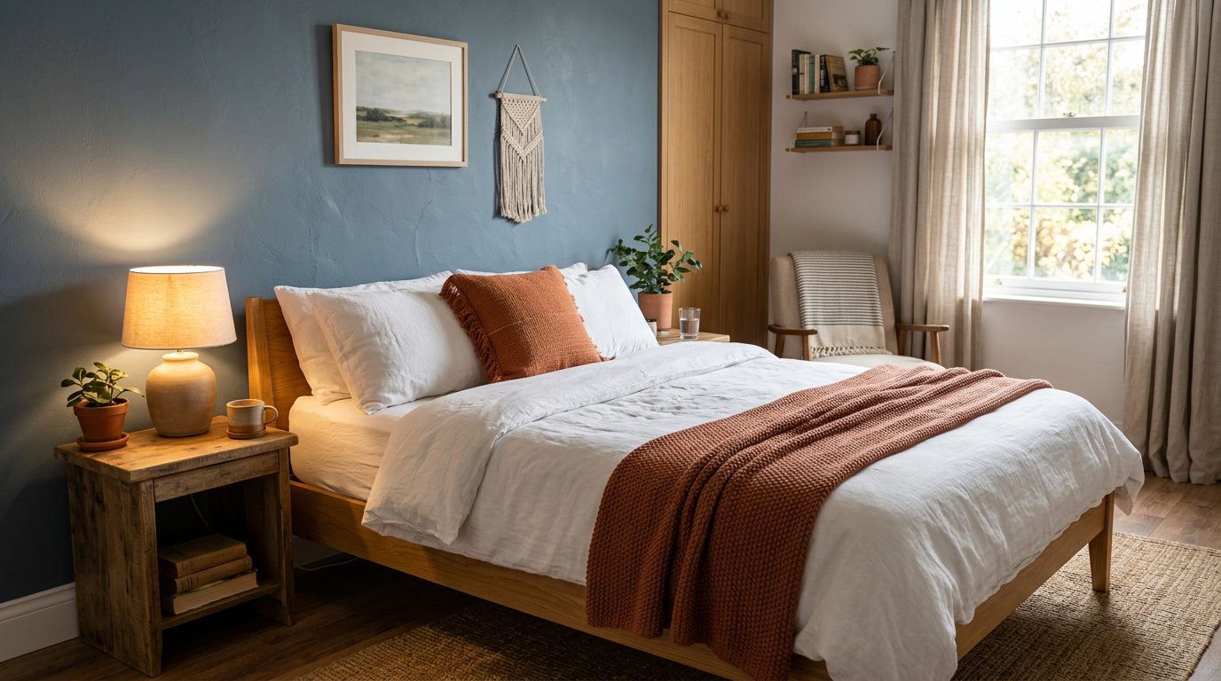 Accents chauds dans une chambre bleu grisé Chambre au mur bleu grisé avec plaid terracotta et coussin rouille en accents