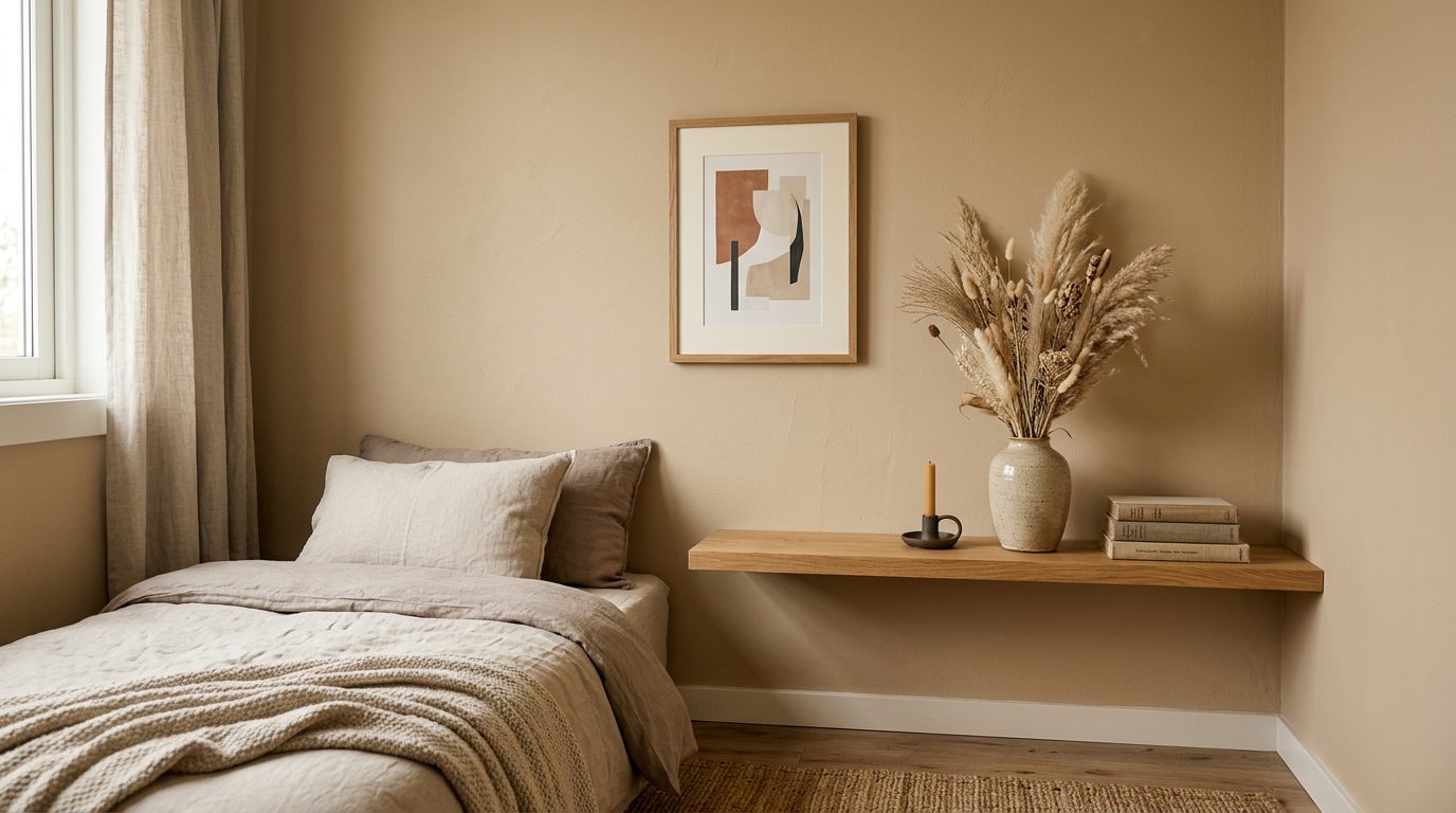Chambre sobre et symbolique des couleurs Mur de chambre sable avec tableau abstrait et vase en céramique sur étagère en bois