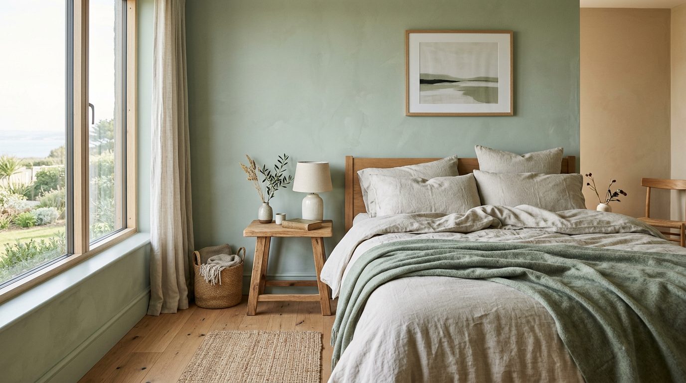 Chambre feng shui aux tons doux sauge et sable Chambre apaisante aux murs vert sauge et beige sable avec linge de lit en lin