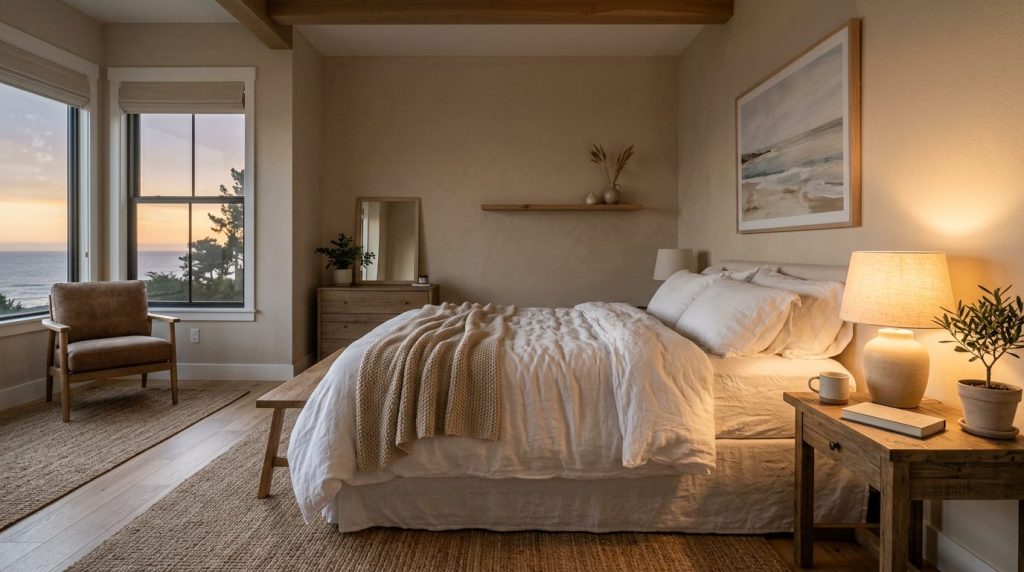 Chambre feng shui apaisante en soirée Vue d'ensemble d'une chambre sable apaisante avec lampe de chevet allumée