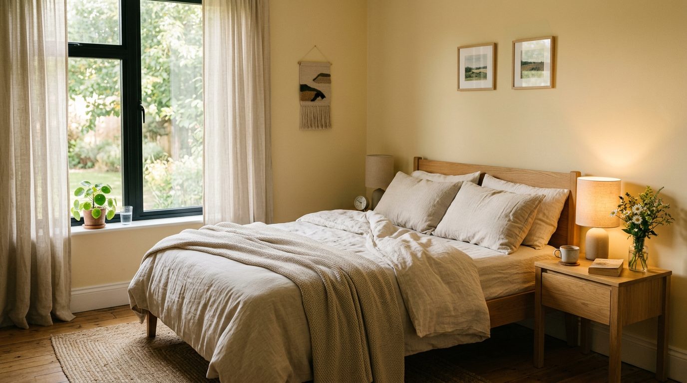 Chambre jaune beurre en lumière douce Chambre aux murs jaune beurre mats avec linge de lit en lin et lampe de chevet chaude