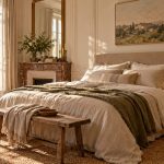 Tête de lit rembourrée beige de hauteur moyenne Chambre claire avec lit double et tête de lit rembourrée beige de hauteur moyenne