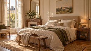 Chambre claire avec lit double et tête de lit rembourrée beige de hauteur moyenne