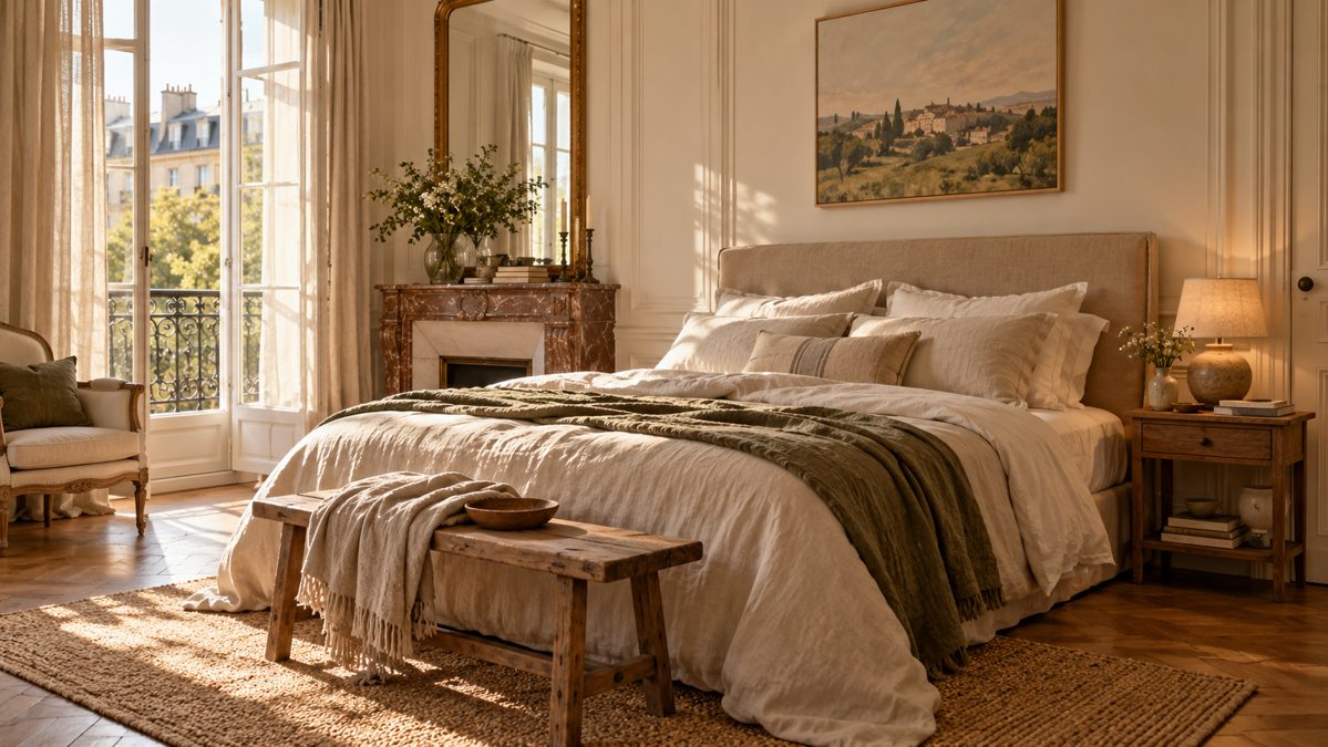 Chambre claire avec lit double et tête de lit rembourrée beige de hauteur moyenne