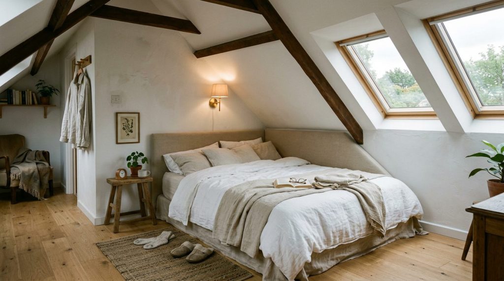 Chambre mansardée avec tête de lit basse Chambre mansardée avec lit double sous la pente et tête de lit basse en tissu beige