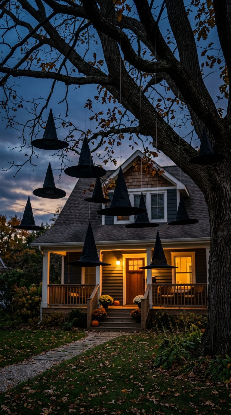 Chapeaux de sorcière noirs suspendus à différentes hauteurs dans un arbre devant une maison au crépuscule