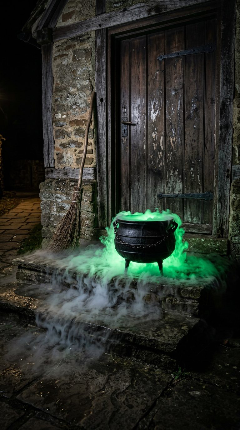 Chaudron en fonte à la lueur verte et brume basse sur les marches d'un perron en pierre