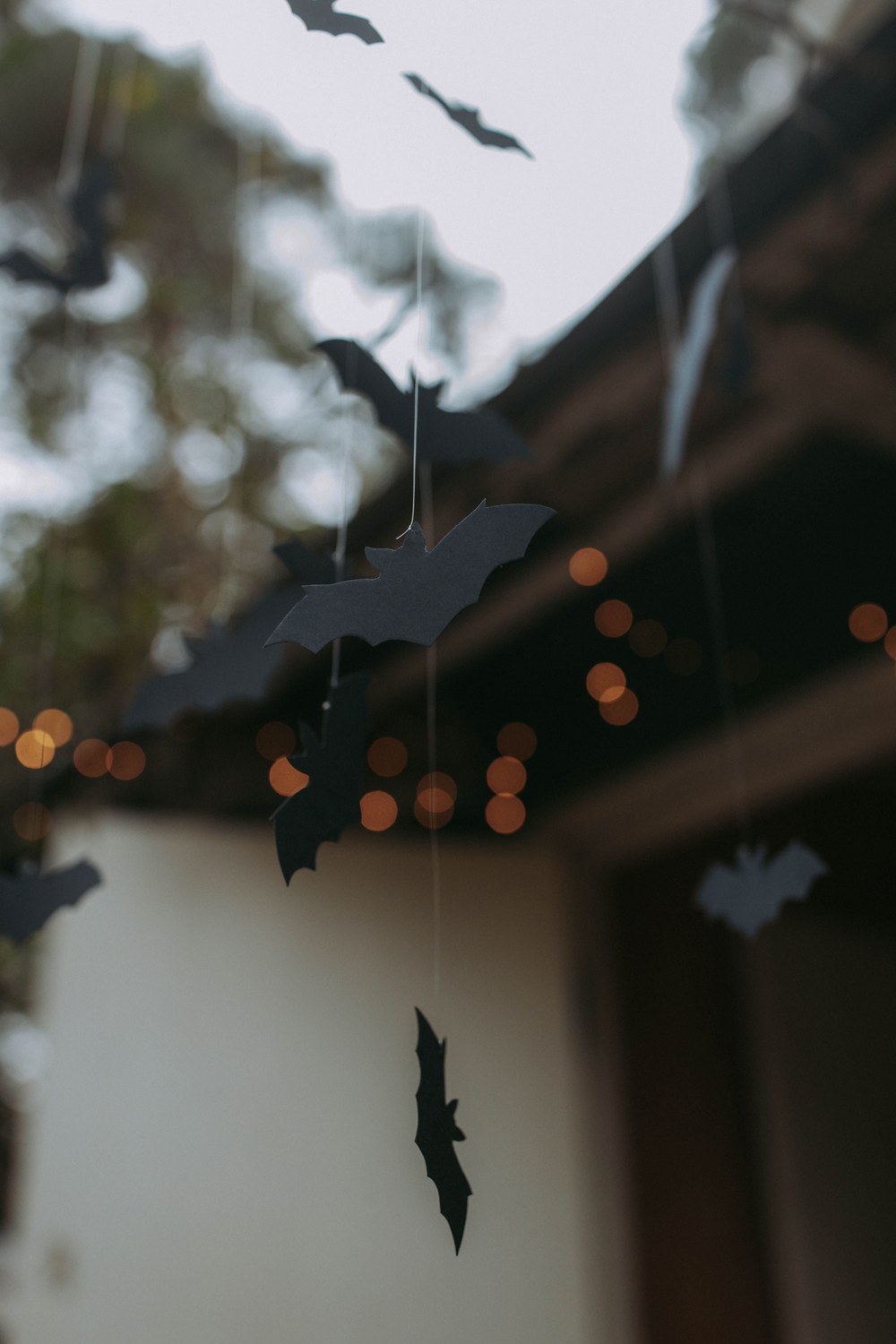 Chauves-souris en papier noir suspendues sous l'avant-toit d'une maison avec une guirlande lumineuse