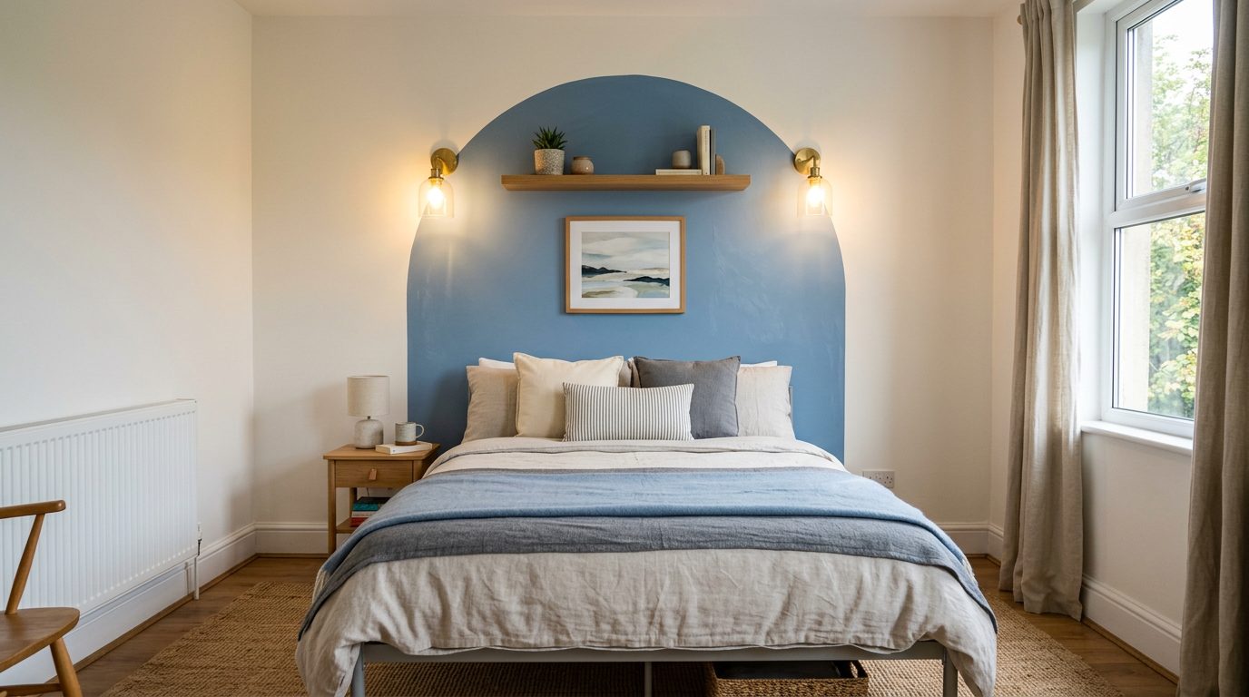 Compléter une tête de lit peinte avec des appliques Forme bleue peinte au mur entourée d'appliques, d'une étagère fine et d'un cadre au-dessus du lit