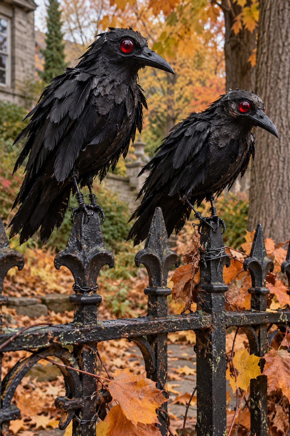 Deux corbeaux décoratifs noirs aux yeux rouges perchés sur une grille en fer forgé parmi les feuilles d'automne