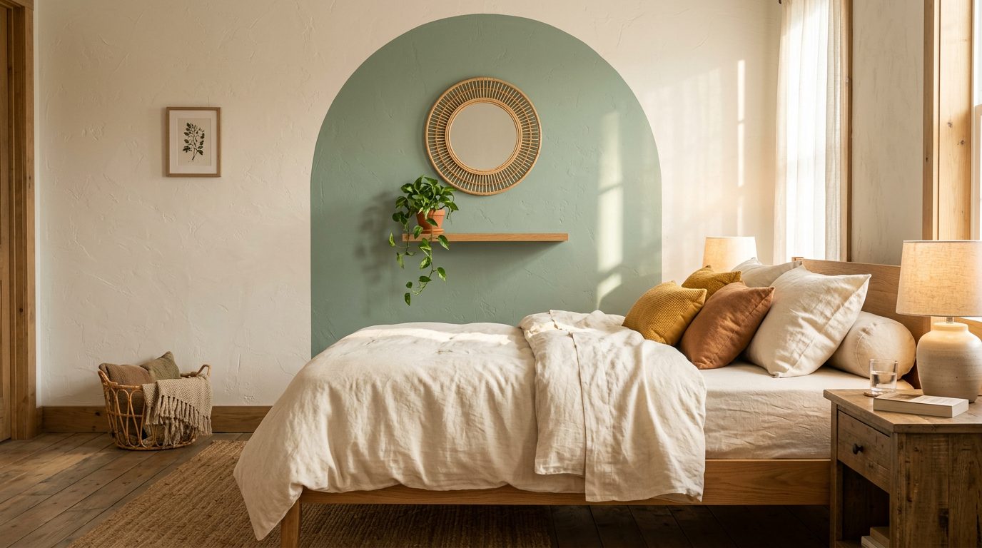 Couleurs pour une tête de lit peinte Arche vert sauge peinte au mur d'une chambre avec linge de lit crème et coussins moutarde