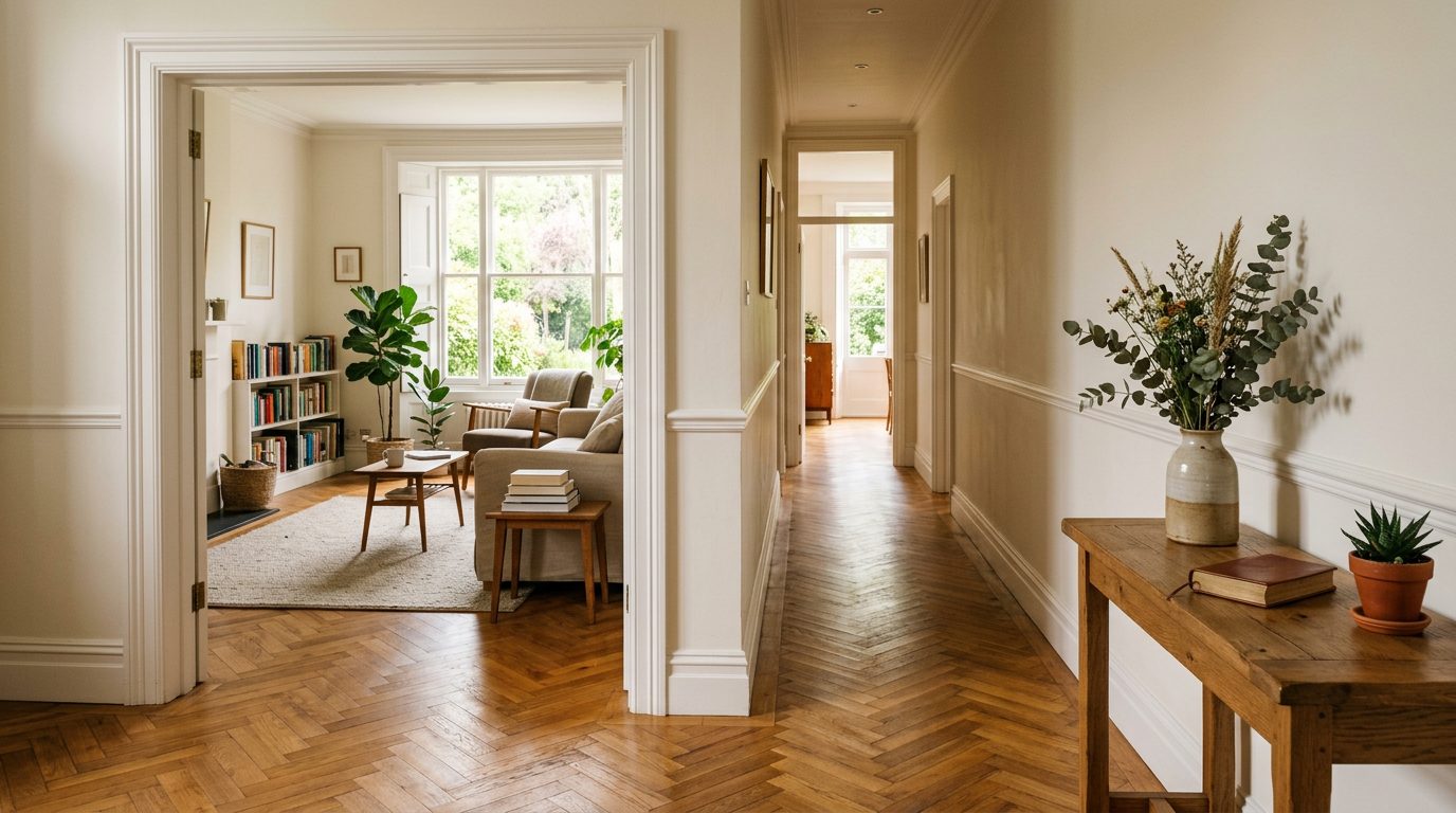 Couloir et salon avec parquet dans le même sens Couloir en parquet prolongé dans le salon avec des lames orientées dans le même sens