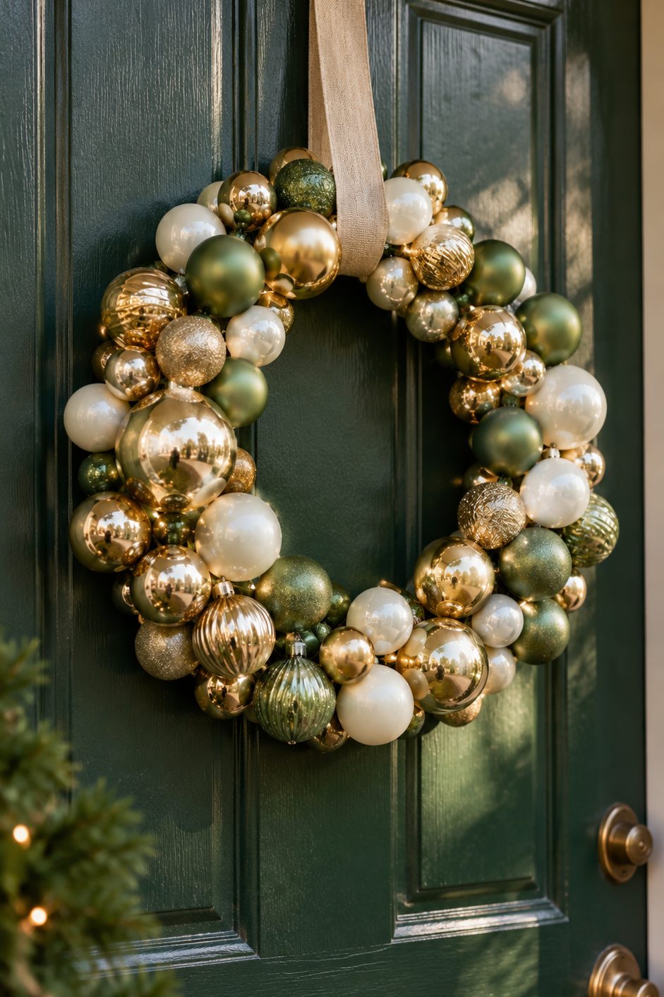 Couronne de boules sur cintre Couronne de boules dorées, blanches et vert sauge réalisée sur un cintre en métal, accrochée à une porte verte
