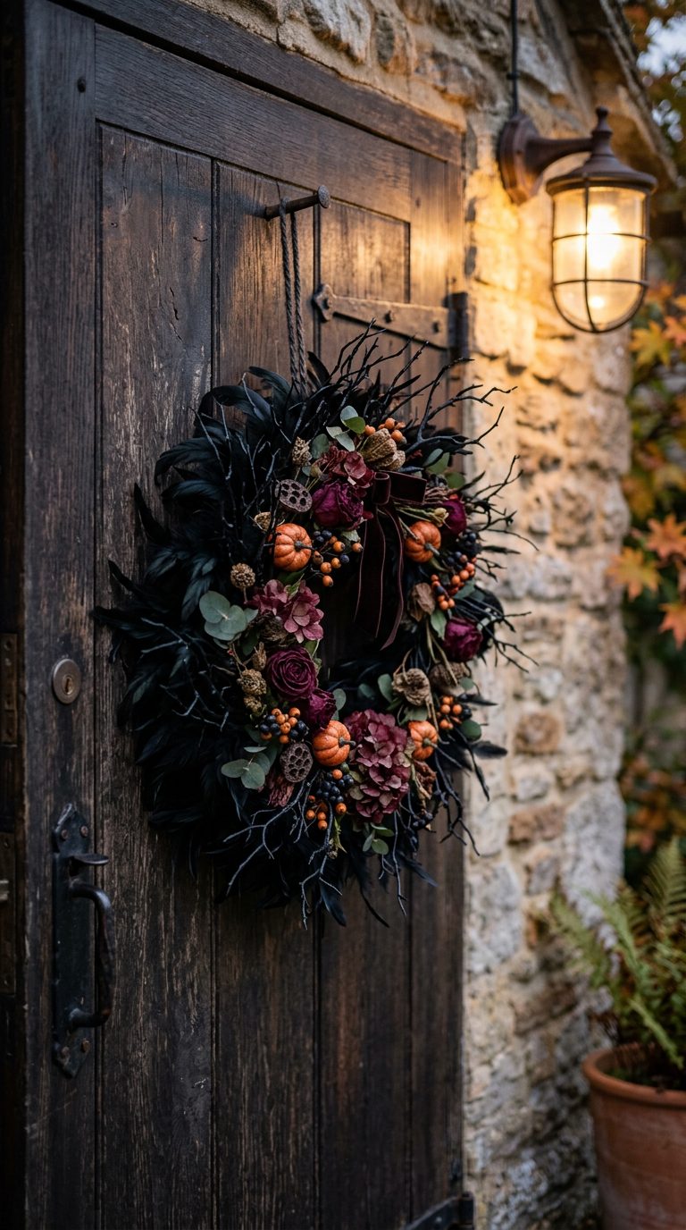 Couronne d'Halloween en plumes noires, branches sèches et mini citrouilles sur une porte en bois sombre