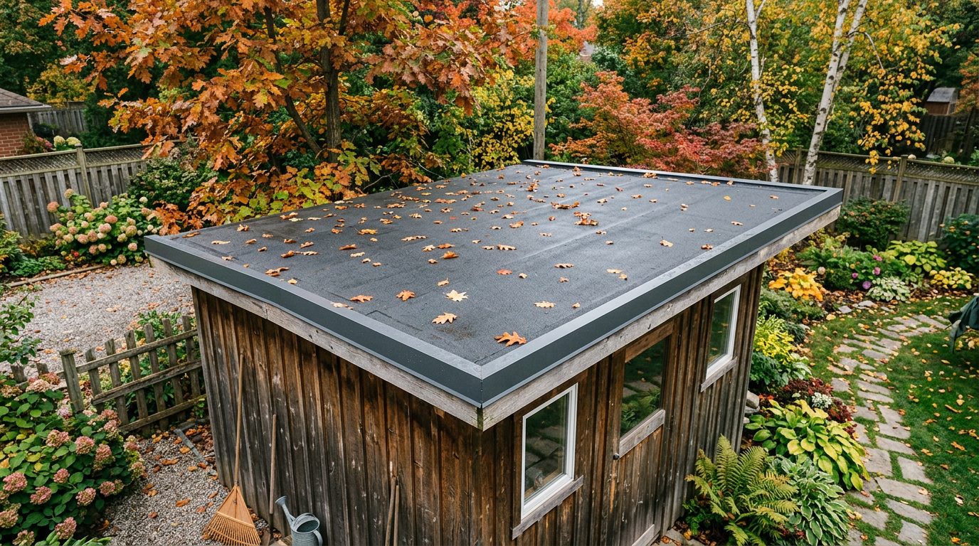 Couverture membrane d'un abri à toit plat Toit plat d'un abri de jardin recouvert d'une membrane sombre avec finitions de rive