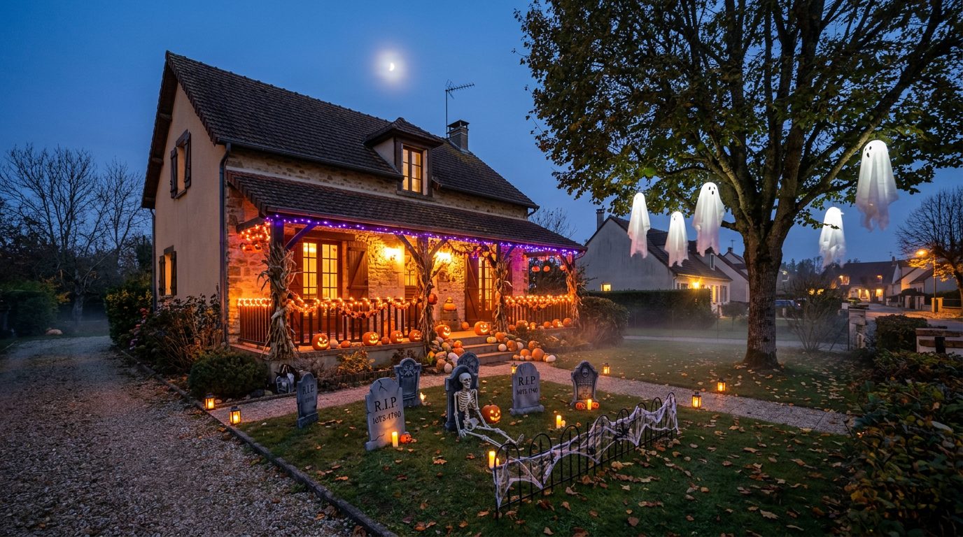 Jardin et façade décorés pour Halloween