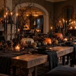 Décoration de table Halloween dans une salle à manger Salle à manger avec une longue table décorée pour Halloween, citrouilles, candélabres et branches sombres