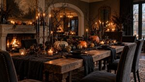 Salle à manger avec une longue table décorée pour Halloween, citrouilles, candélabres et branches sombres