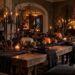 Salle à manger avec une longue table décorée pour Halloween, citrouilles, candélabres et branches sombres