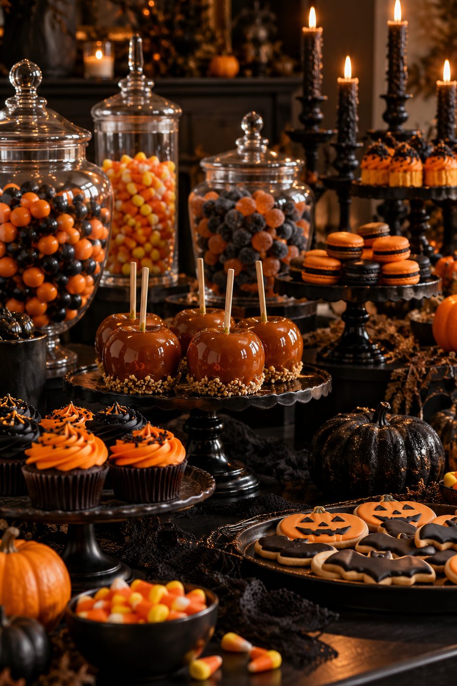 Table de sucreries d'Halloween avec bocaux en verre remplis de bonbons orange et noirs et pommes d'amour