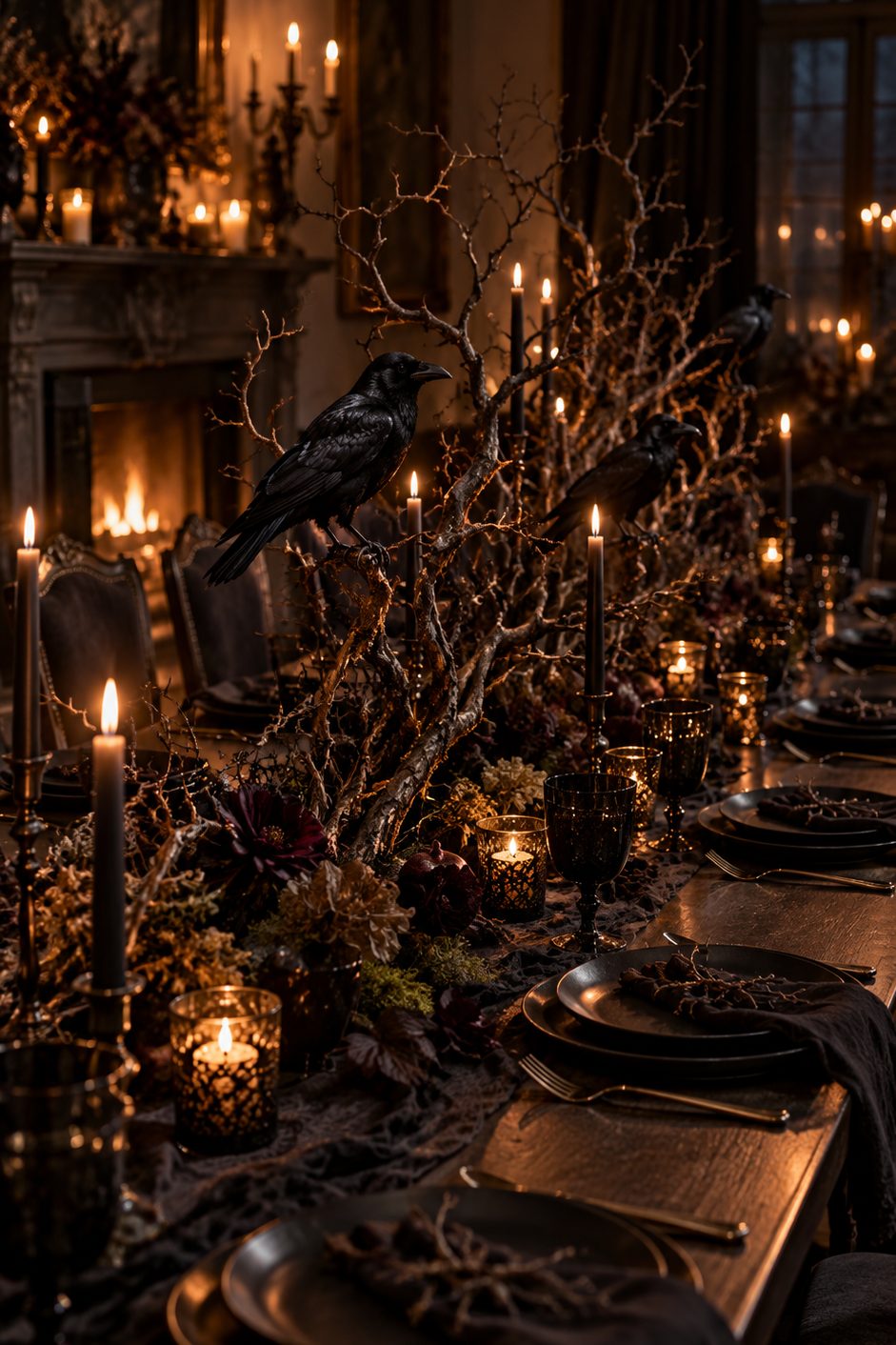 Branches sèches et corbeaux noirs formant un chemin de table avec bougies basses et vaisselle noire