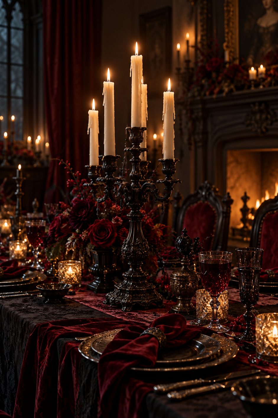 Candélabre ancien noir aux bougies hautes dont la cire coule, posé sur une table avec serviettes rouge sombre