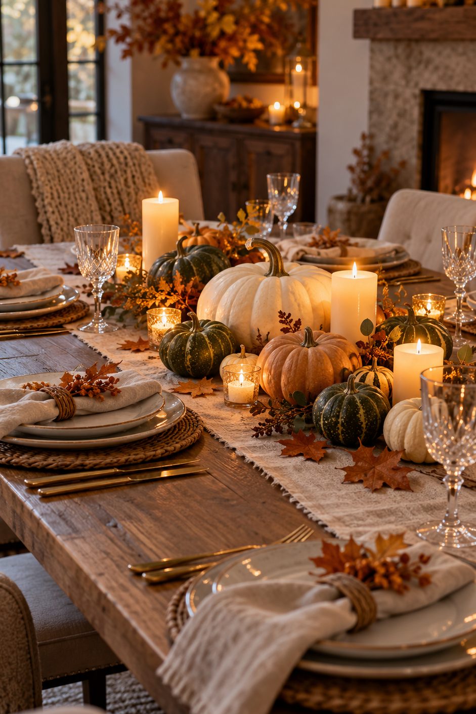 Centre de table de citrouilles blanches, orange et vertes avec bougies crème sur une table en bois