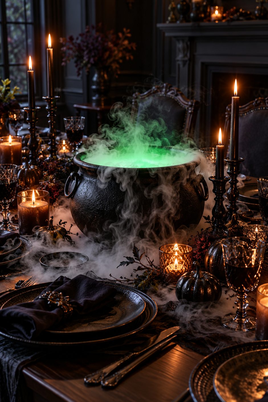 Chaudron noir au centre d'une table avec brume blanche et lumière verte, entouré de bougies et d'assiettes sombres