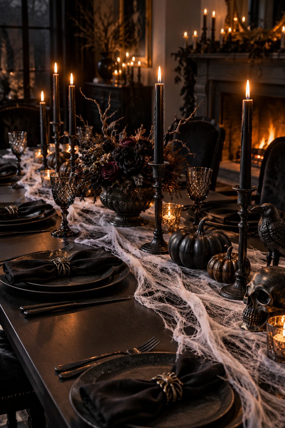 Table noire recouverte d'un chemin de gaze blanche effet toile d'araignée avec bougies noires et assiettes sombres