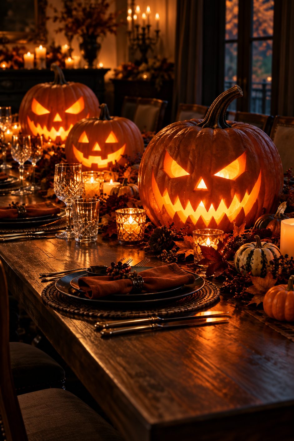 Grandes citrouilles creusées éclairées de l'intérieur au bout d'une table de dîner en bois sombre