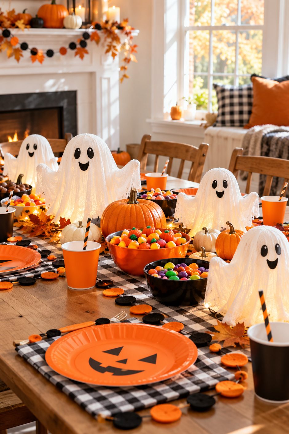 Table d'Halloween pour enfants avec fantômes en tissu blanc, assiettes orange, mini citrouilles et bols de bonbons