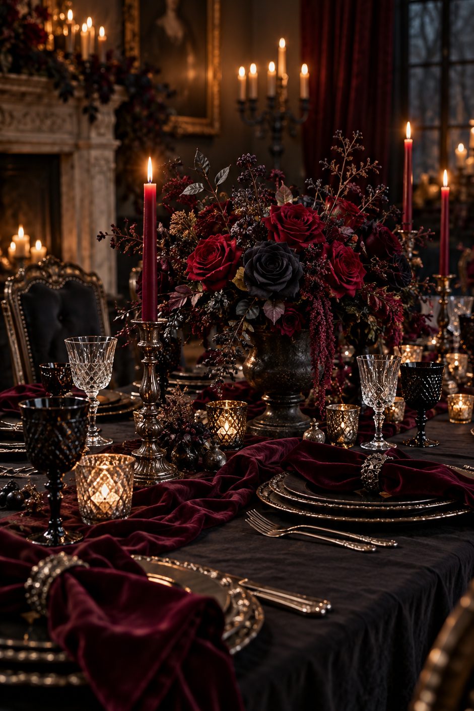 Table gothique avec roses bordeaux presque noires, verres en cristal, serviettes en velours et bougies rouge foncé