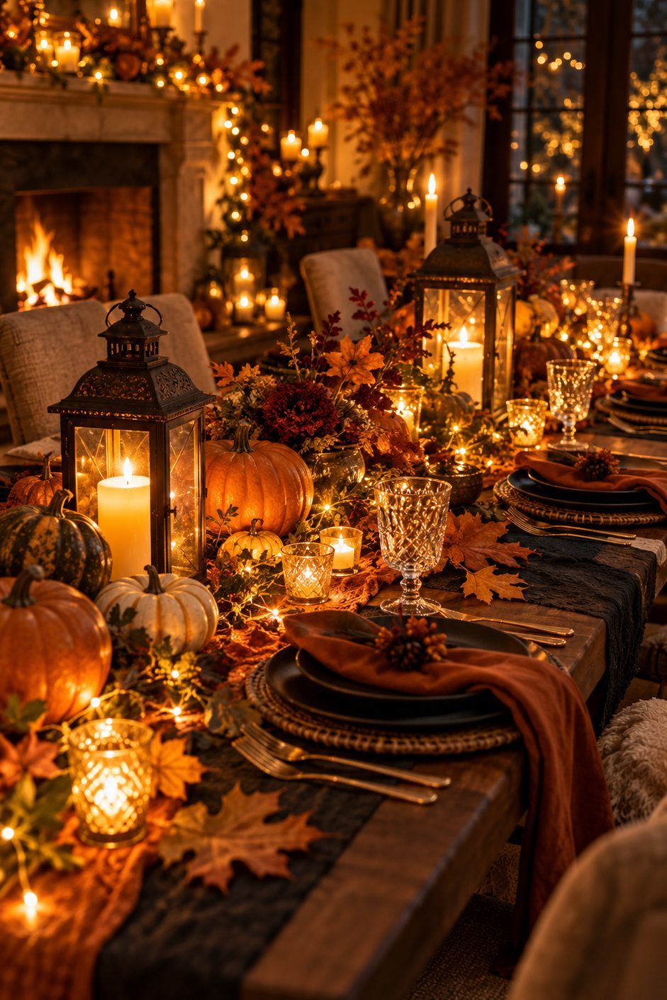 Table de dîner éclairée par une guirlande lumineuse chaude, lanternes en métal ajouré et petites citrouilles
