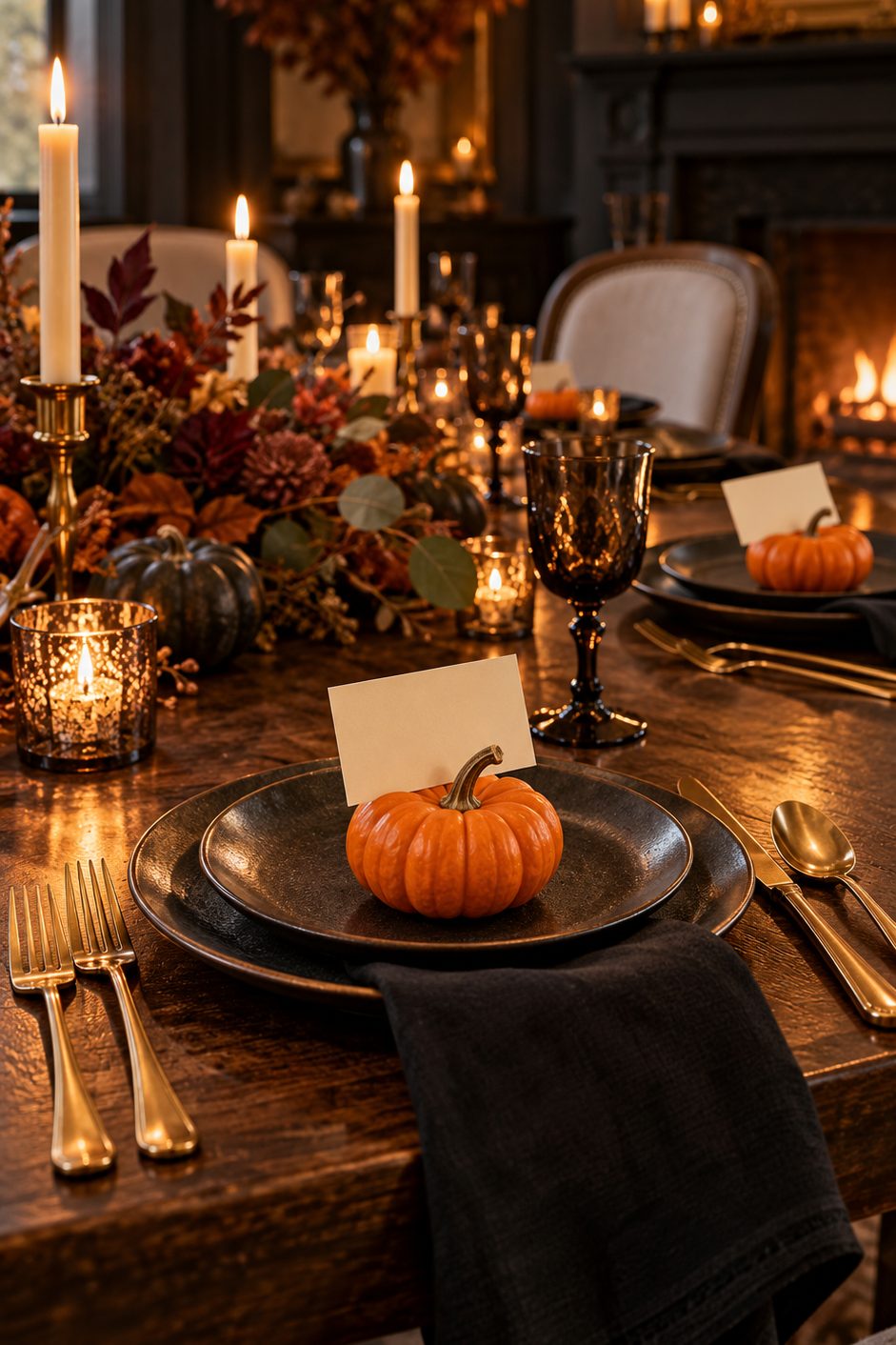 Place de table avec carte vierge posée sur une mini citrouille orange, serviette noire et couverts dorés
