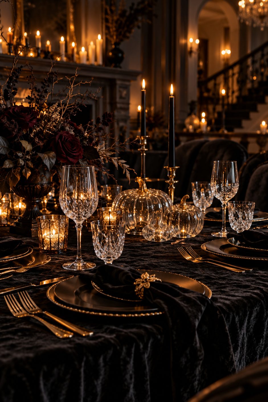 Table dressée avec nappe en velours noir, couverts dorés, assiettes noires et petites citrouilles en verre