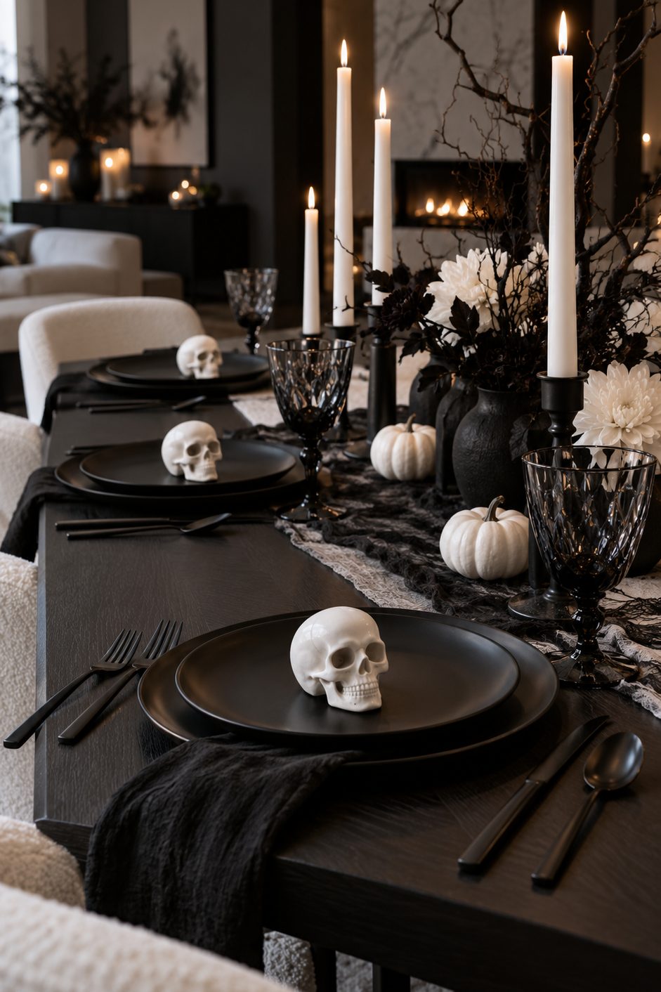 Table monochrome noir et blanc avec assiettes noires mates, petits crânes en céramique blanche et bougies blanches