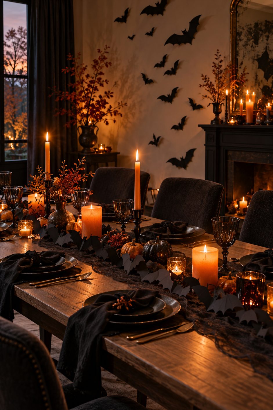 Table de dîner avec guirlande de chauves-souris en papier noir qui s'envolent sur le mur derrière, bougies orange