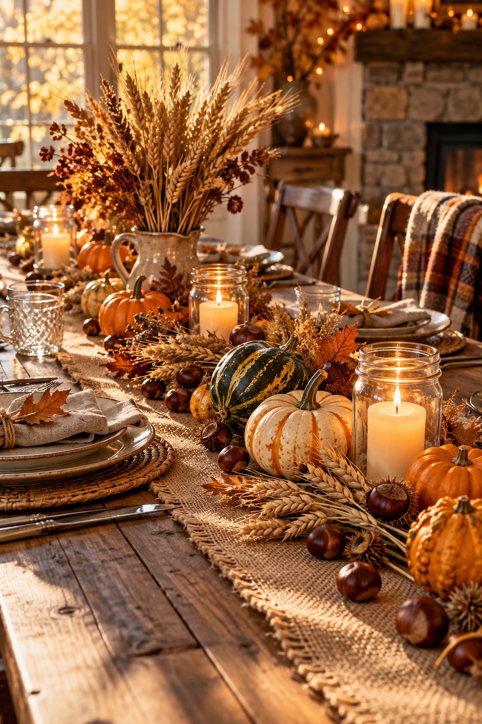 Table rustique avec chemin en toile de jute, mini courges, épis de blé, châtaignes et bocaux à bougies