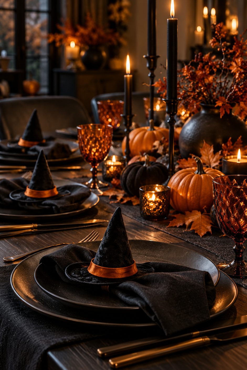 Serviettes noires tenues par de petits chapeaux de sorcière en feutrine sur des assiettes sombres